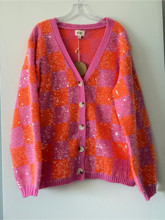 BiBi Sweaters - BiBi Pink Orange Checkered Sequin Oversized Cardigan Sweater Knit XL NWT Sparkle